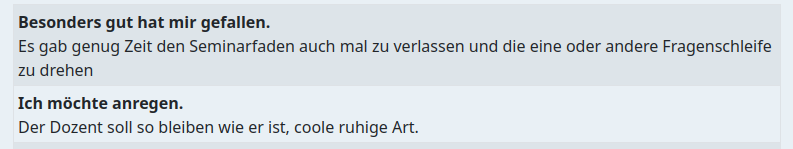 Teilnehmerfeedback lobt Zeit für individuelle Fragen und die ruhige Art des Dozenten