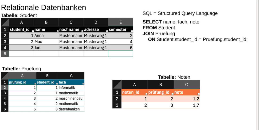 Schulungsfolie zu relationalen Datenbanken mit verknüpften Beispieltabellen und einer SQL-Abfrage
