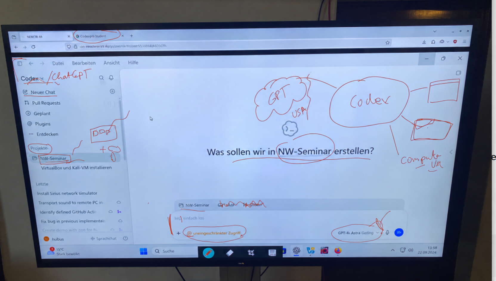 KI-Workshop mit handschriftlichen Erläuterungen zu Coding Agents und einer gemeinsamen Projektidee