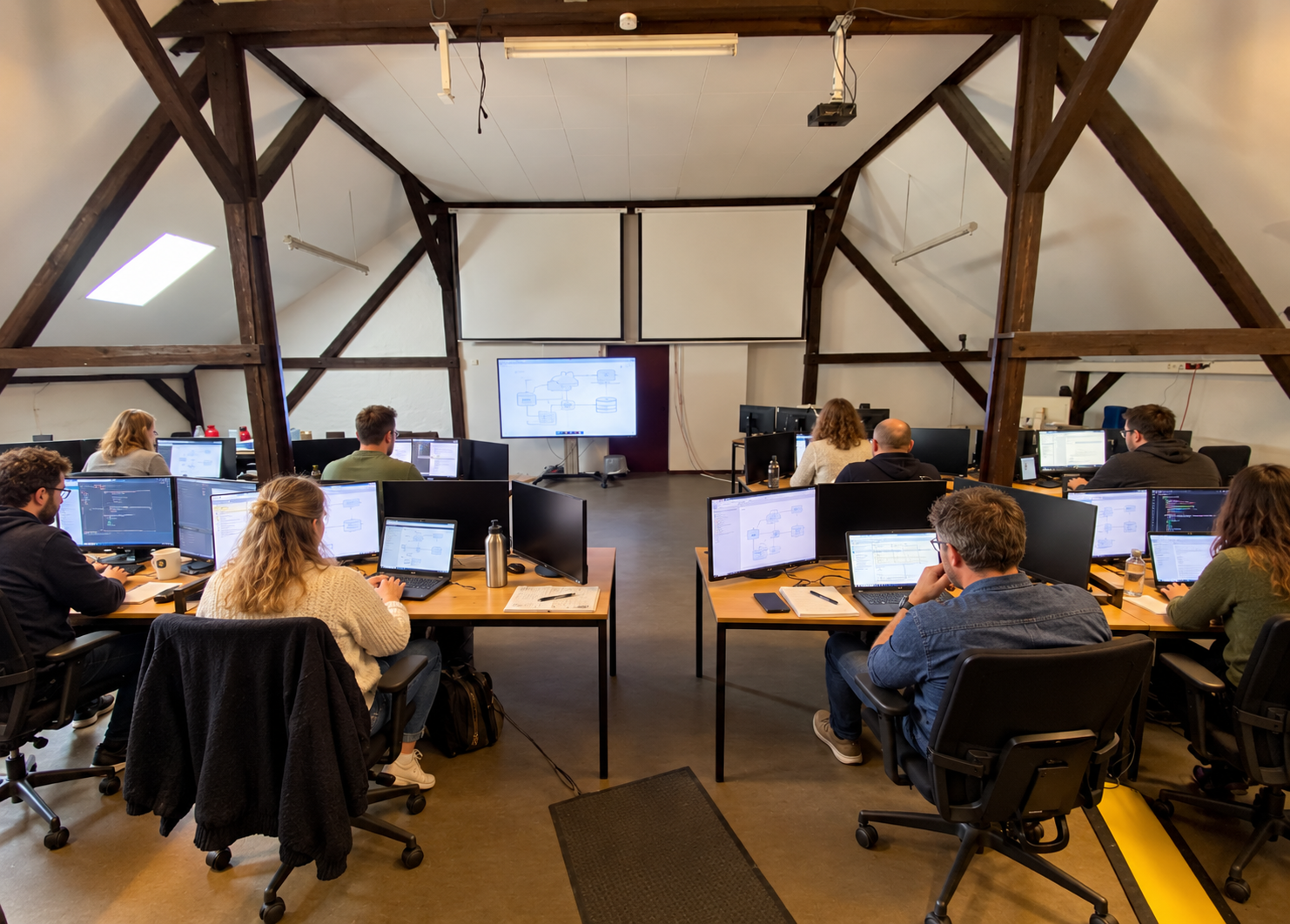 KI-generierte Illustration eines IT-Seminars im Fachwerkraum mit fiktiven Teilnehmenden an ihren Rechnern